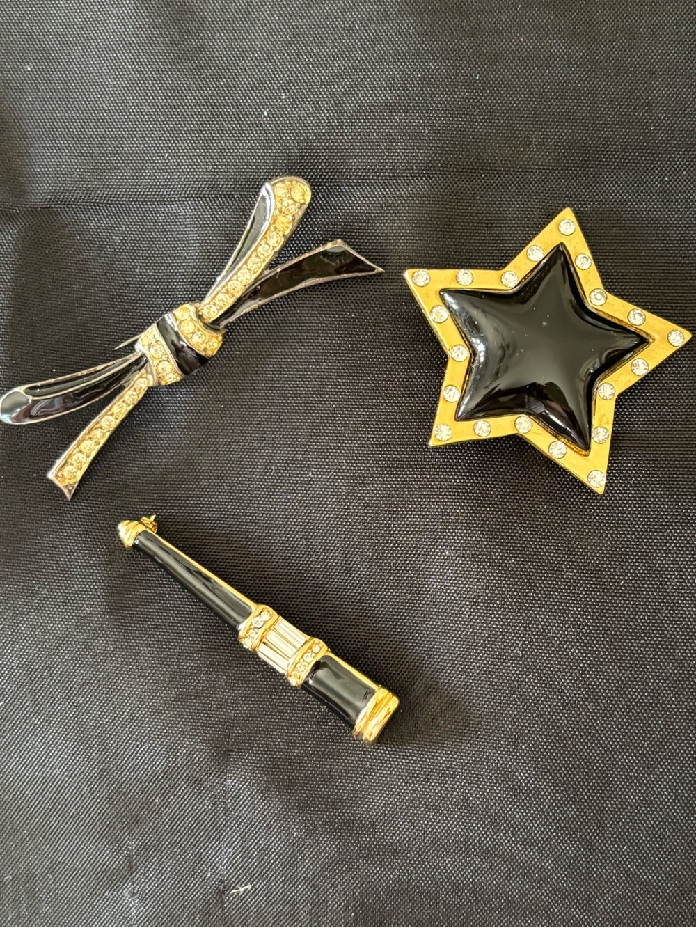 Gold-Tone  Brooches with Black Enamel and Crystal Accents